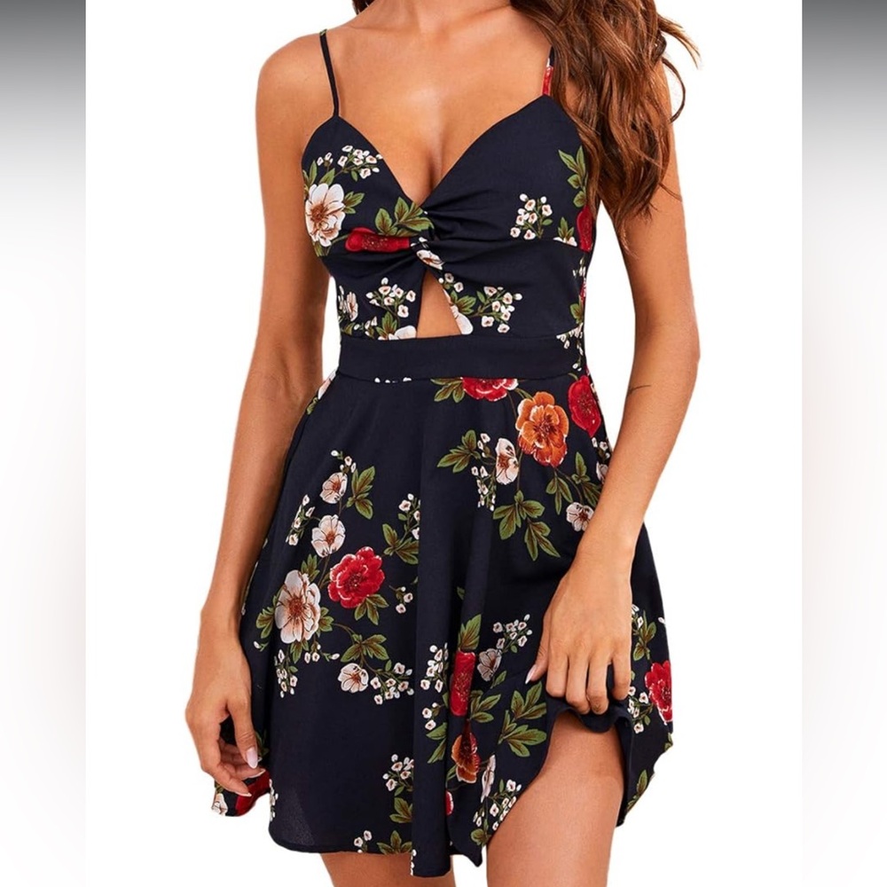 Floerns Women's Boho Floral Print Twist Front Cami A Line Mini Dress - Picture 5 of 9